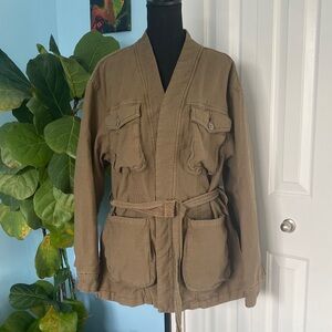 Free People Y2K Large Military Green Cargo Utility Jacket With Pockets And Belt